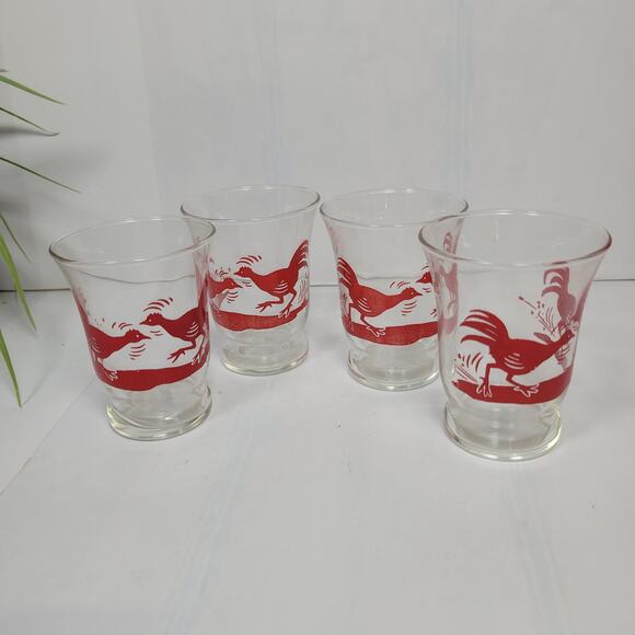 4 Vintage Fighting Rooster, Oyster Fruit Cocktail Juice Glasses, MCM Decor - Picture 2 of 4